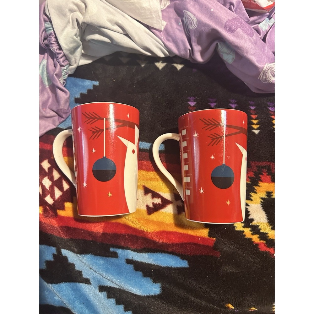 Starbucks Old Logo Holiday Coffee Mug Red Christmas Bird Cup 2012! Set Of Two!